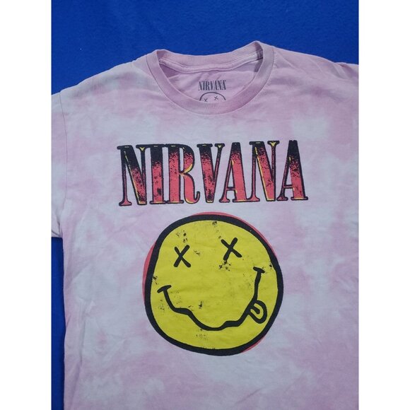 Nirvana T-Shirt Men's Small Short Sleeve Music Smiley Graphic Tie Dye Pink - Picture 2 of 14